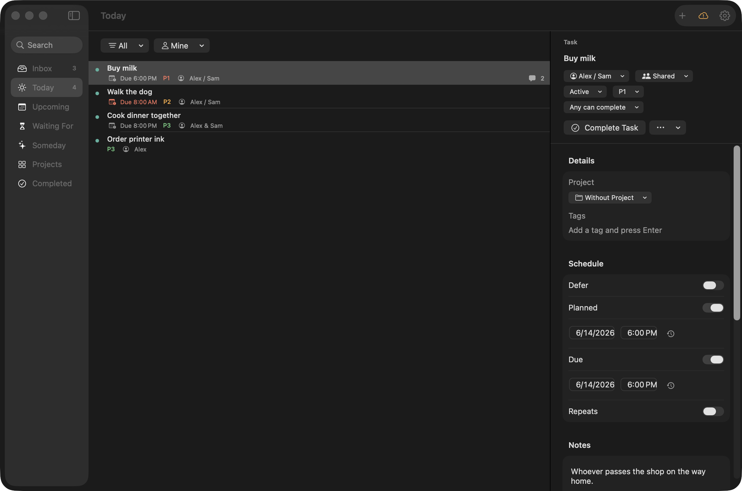 DuetFlow on macOS: the shared task &ldquo;Buy milk&rdquo; open in the inspector, assigned to both Alex and Sam with &lsquo;Any can complete&rsquo; so either partner can take it, shown beside the Today list.