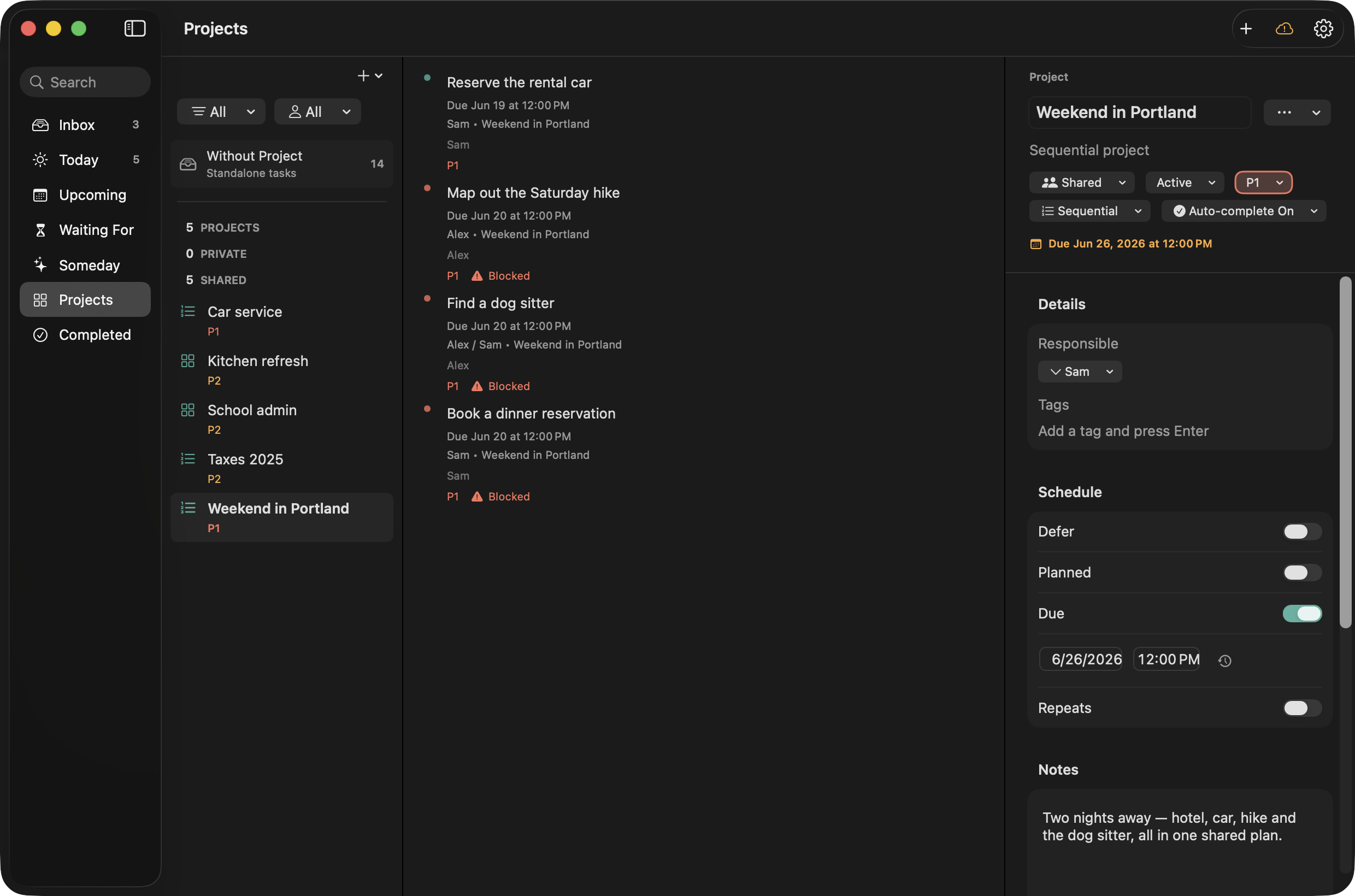 DuetFlow on macOS: the sequential project &ldquo;Weekend in Portland&rdquo; &mdash; the booked hotel is done, reserving the rental car is the active next step, and the later steps stay Blocked until it is finished.