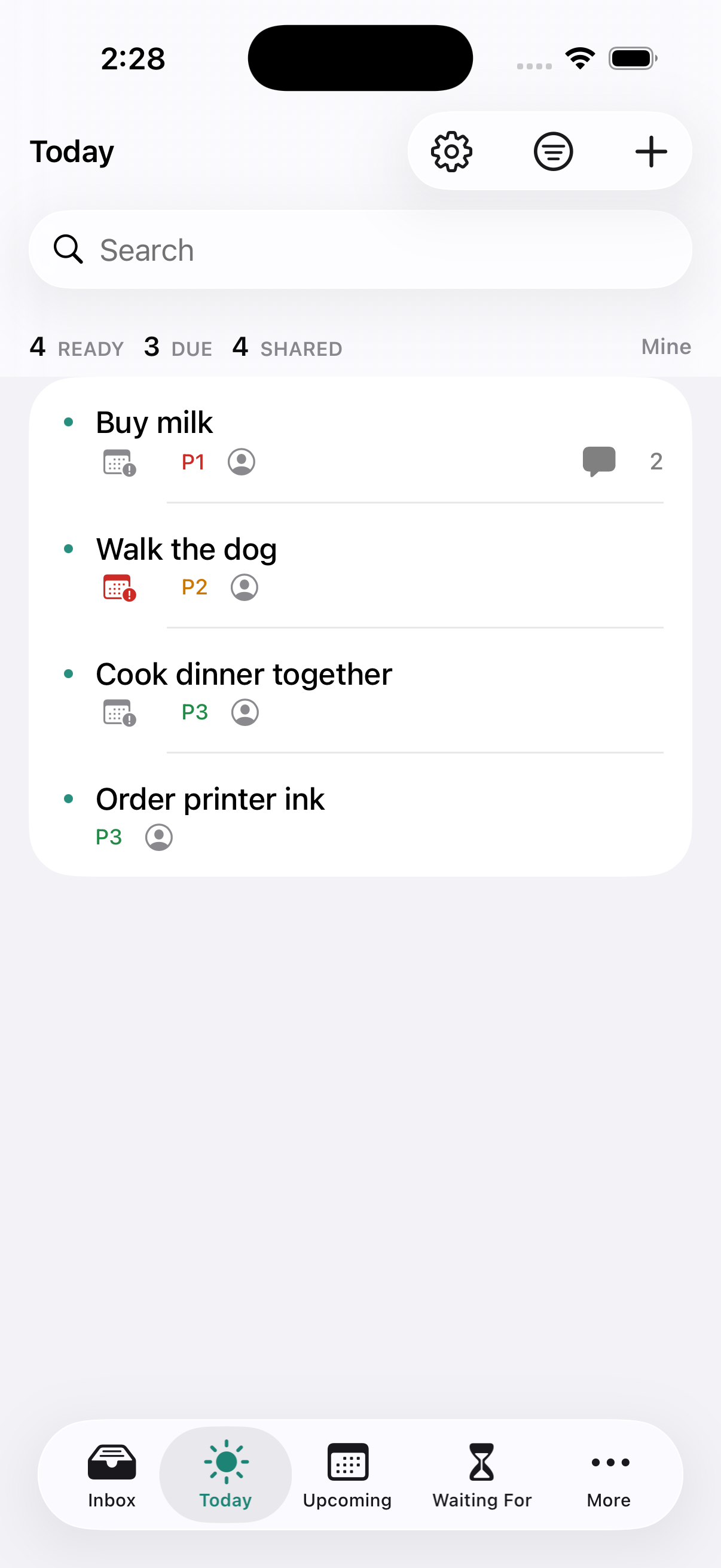 DuetFlow on iPhone: the Today list with a Mine filter, showing a short, calm set of the partner's own tasks &mdash; Buy milk, Walk the dog, Cook dinner together, Order printer ink &mdash; with the household tab bar below.