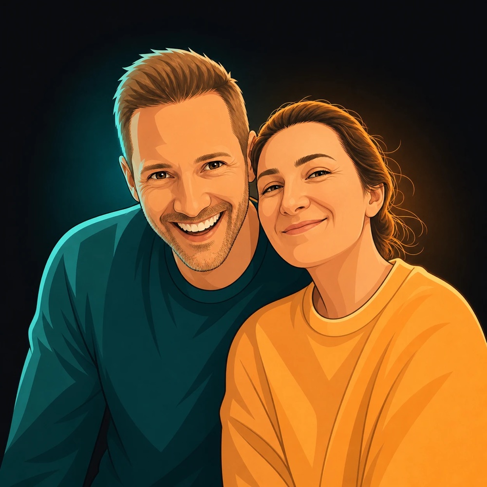 A stylised illustrated portrait of the two-person household that built and runs DuetFlow.